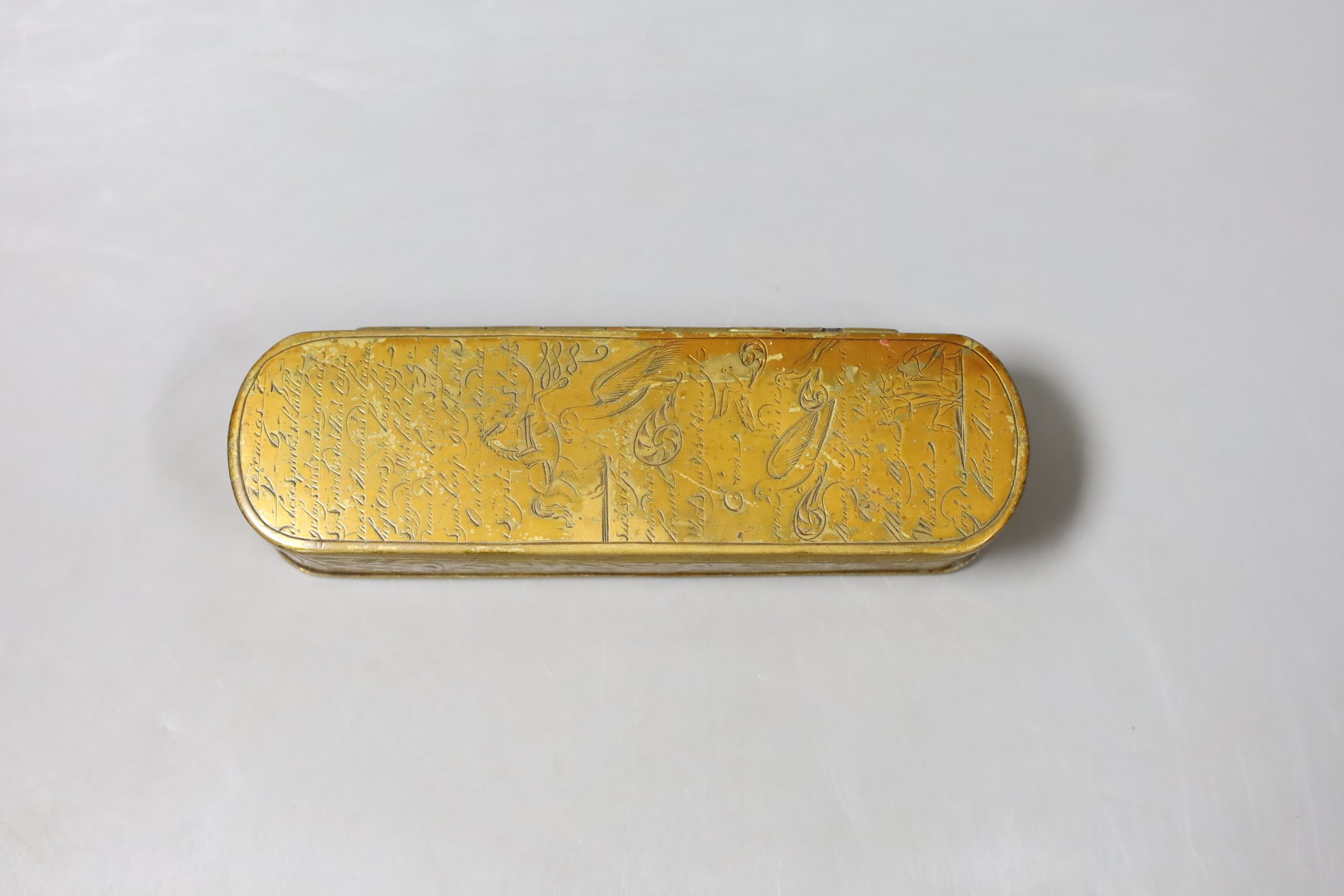 A 17th/18th century finely engraved Dutch brass tobacco box - 15.5cm long